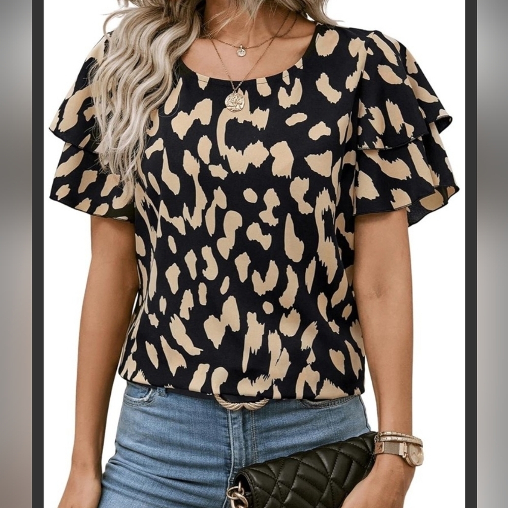 Womens Black & Beige Leopard Print Ruffle Sleeve Top Size Medium - Picture 3 of 3